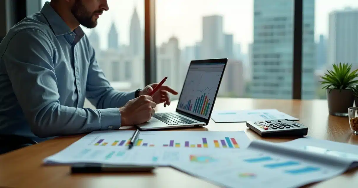 Empresário analisando gráficos de fluxo de caixa e capital de giro em um escritório moderno