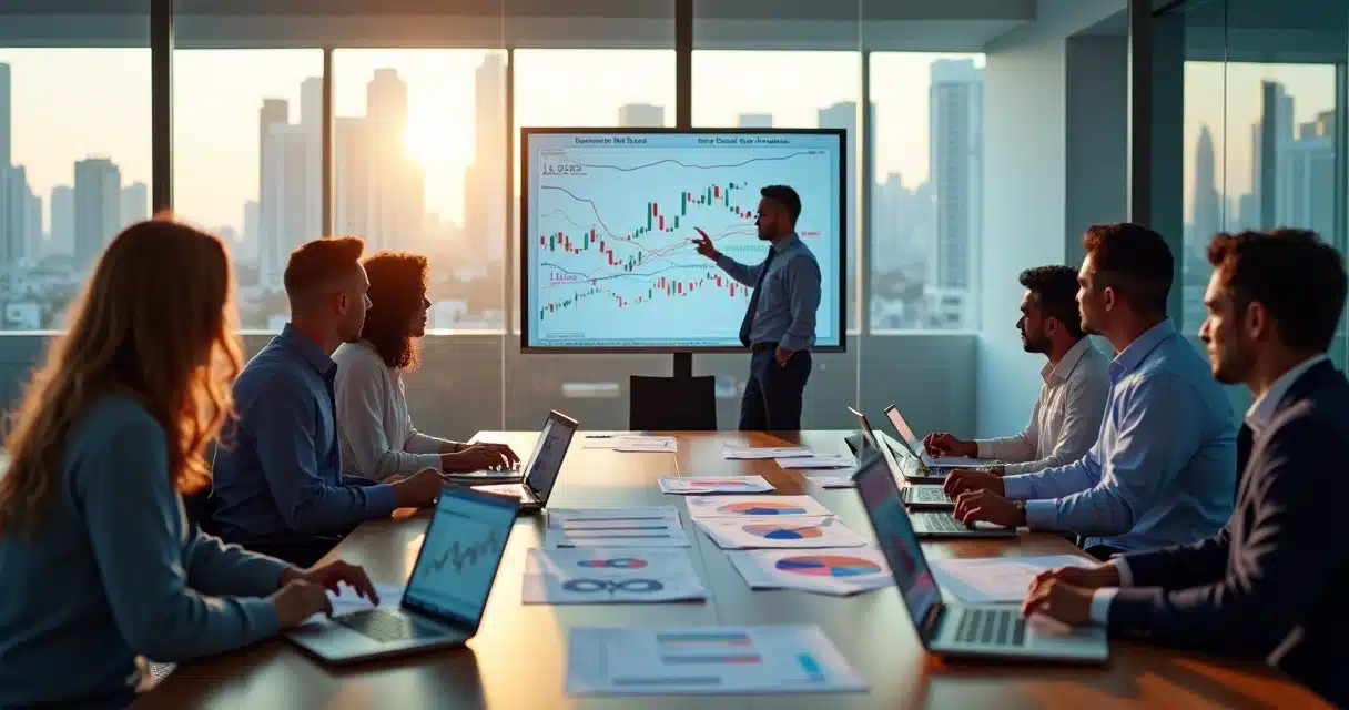 Investidores analisando gráficos de fundos de investimento em ambiente moderno