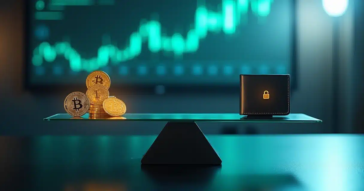 Balança com criptomoedas e cadeado digital representando equilíbrio entre risco e proteção
