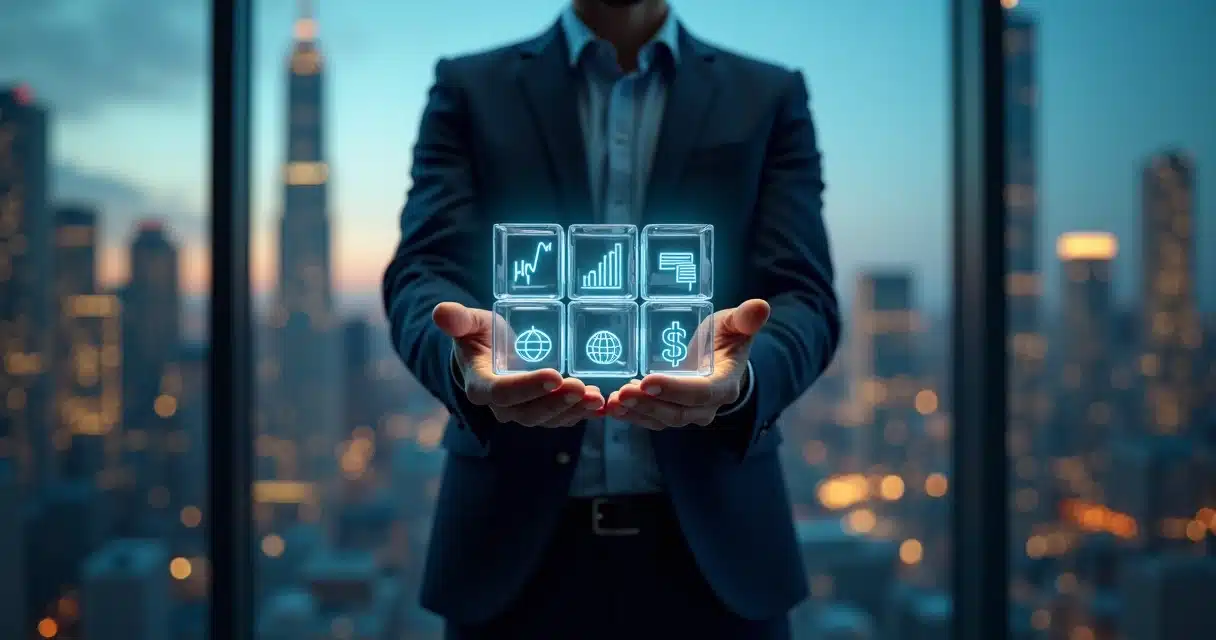 Executivo segurando cubos transparentes com ícones de diferentes ativos financeiros iluminados