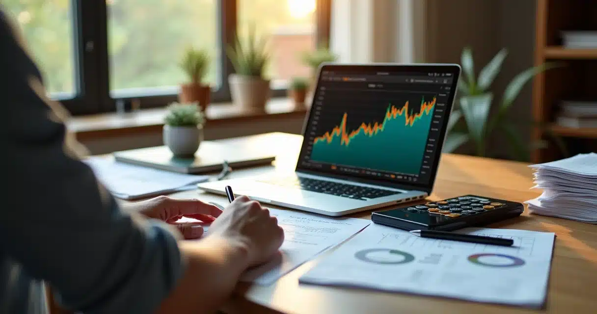 Pessoa organiza documentos de imposto de renda ao lado de tablet com gráfico de criptomoedas