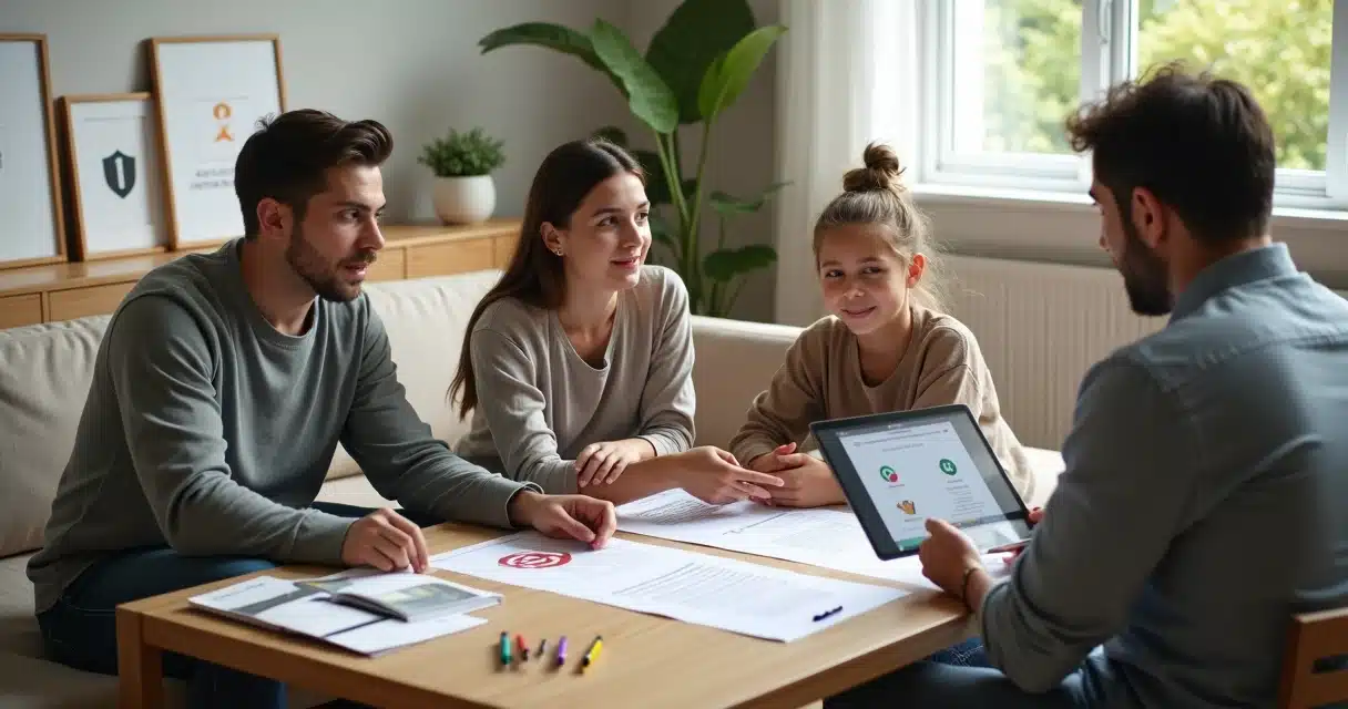 Família analisa opções de seguro de vida com consultora em sala iluminada