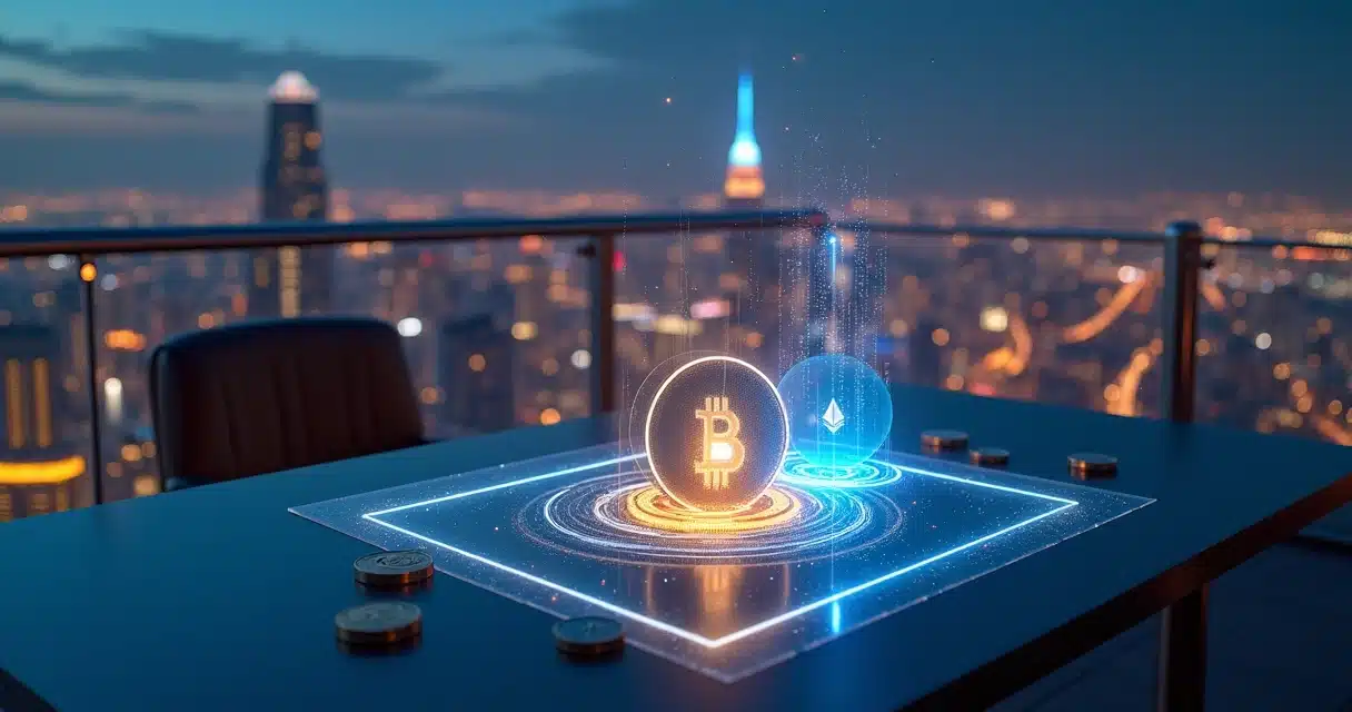 Estratégia de investimento em criptomoedas com moedas digitais flutuando sobre cidade futurista