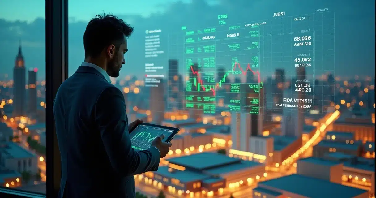 Investidor observando maquete de cidade com gráficos de fundos imobiliários ao fundo