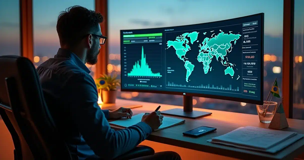 Investidor brasileiro analisando gráficos de renda fixa global em dólar e real lado a lado