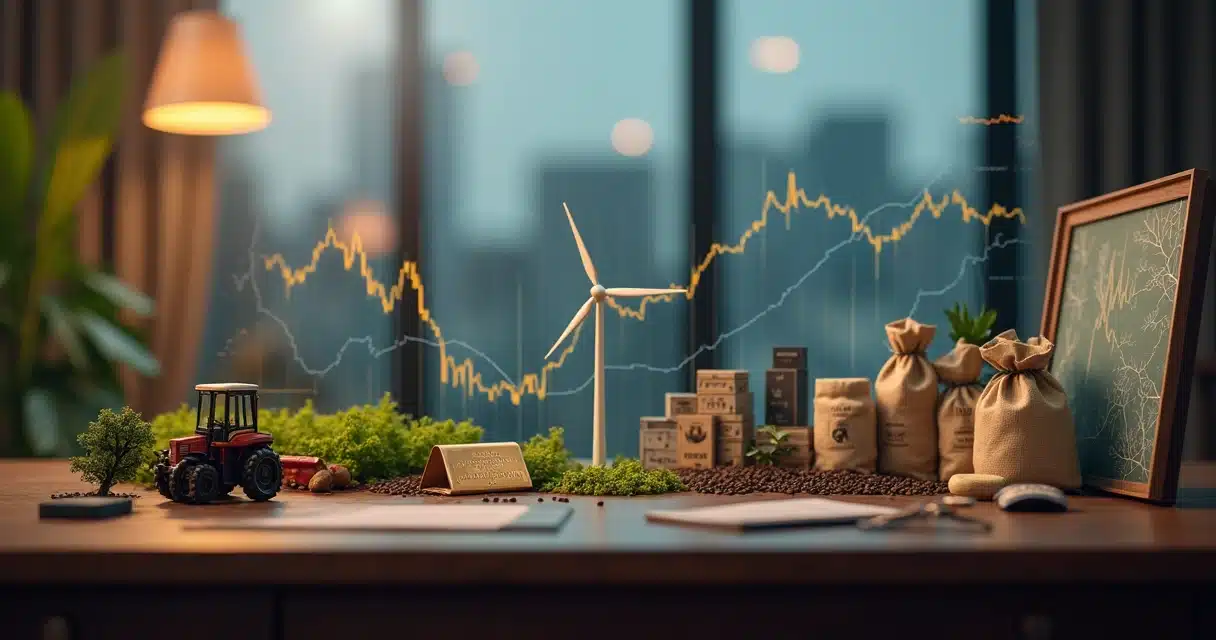 Mesa com diferentes ativos físicos representando investimentos alternativos organizados de forma estratégica.