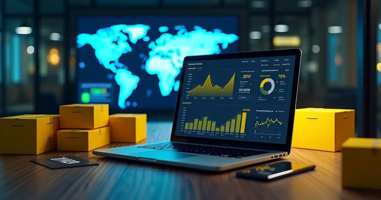 Gráficos de crescimento e pacotes amarelados sobre mesa representando resultados do Mercado Livre