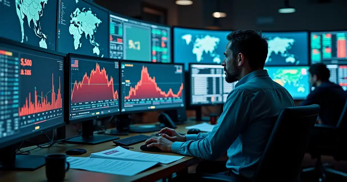 Trader observa painel com bolsas em queda e cotações de petróleo acima de cem dólares