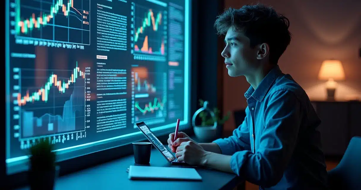 Jovem analisando gráficos coloridos de fundos de investimento em parede holográfica