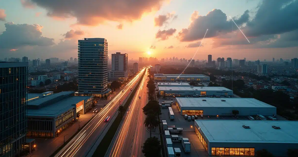 Vista aérea de avenida com prédios comerciais e shopping ao entardecer