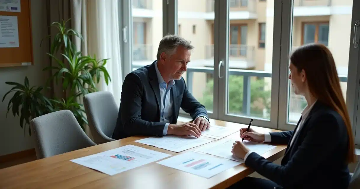 Síndico e consultora analisando contrato de garantidora em sala de condomínio