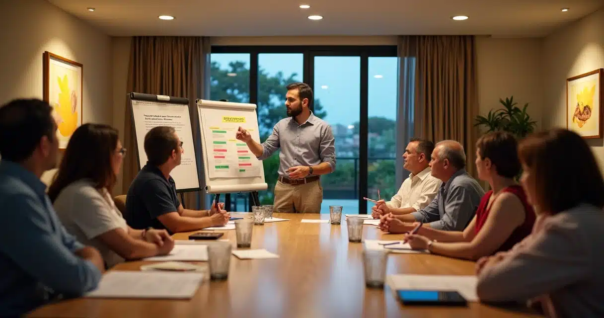 Síndico e condôminos discutindo finanças em salão de festas de condomínio