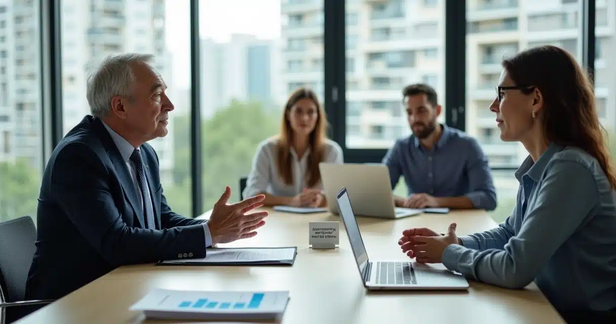 Síndico e morador conversando em reunião sobre cobrança no condomínio
