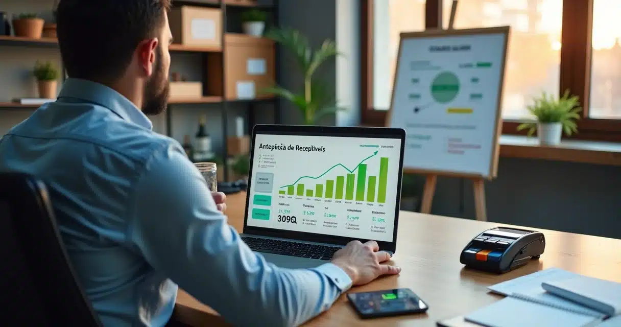Empresário analisando fluxo de caixa com gráficos de recebíveis antecipados na tela do notebook