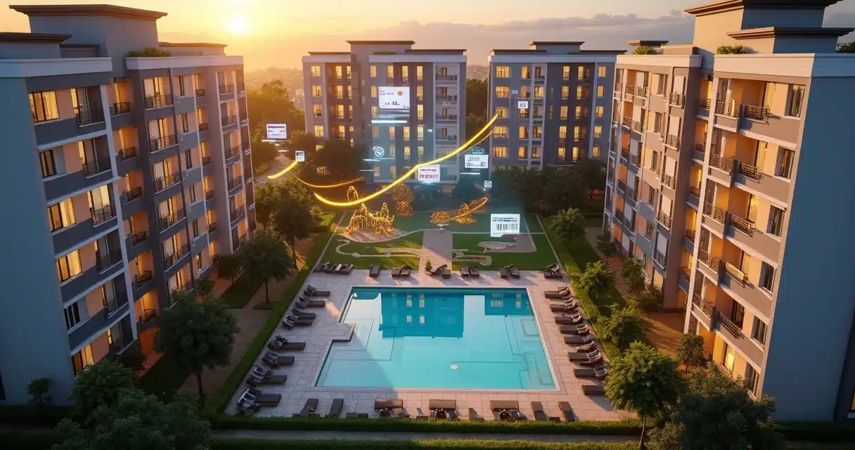 Vista aérea de condomínio com gráfico financeiro transparente mostrando estabilidade nas finanças do prédio