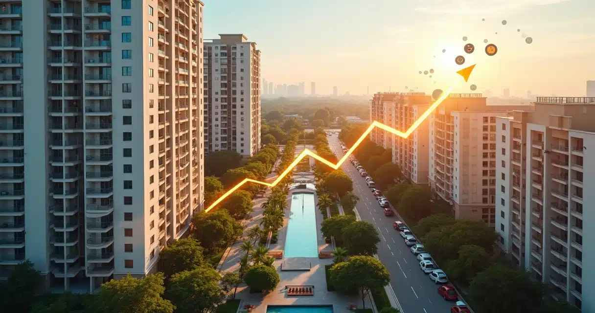 Vista aérea de condomínio com gráficos financeiros transparentes sobrepostos