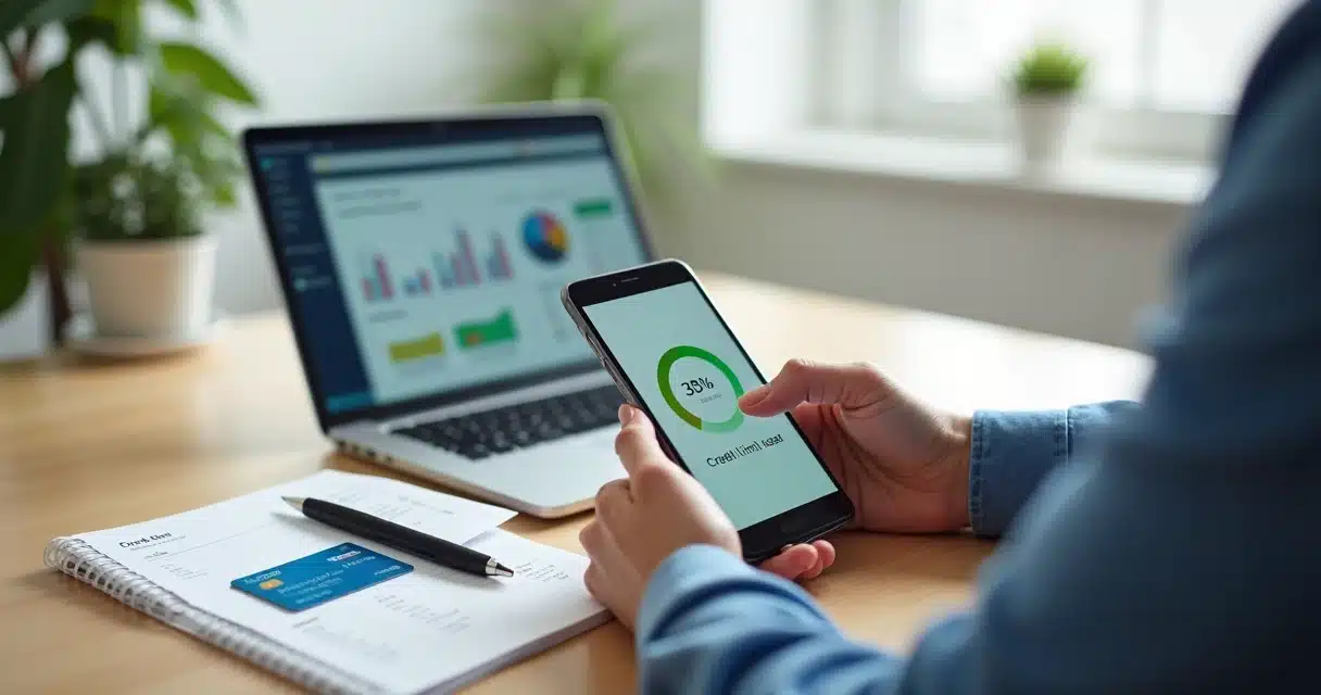 Pessoa controlando limite de crédito do cartão no celular com gráficos financeiros