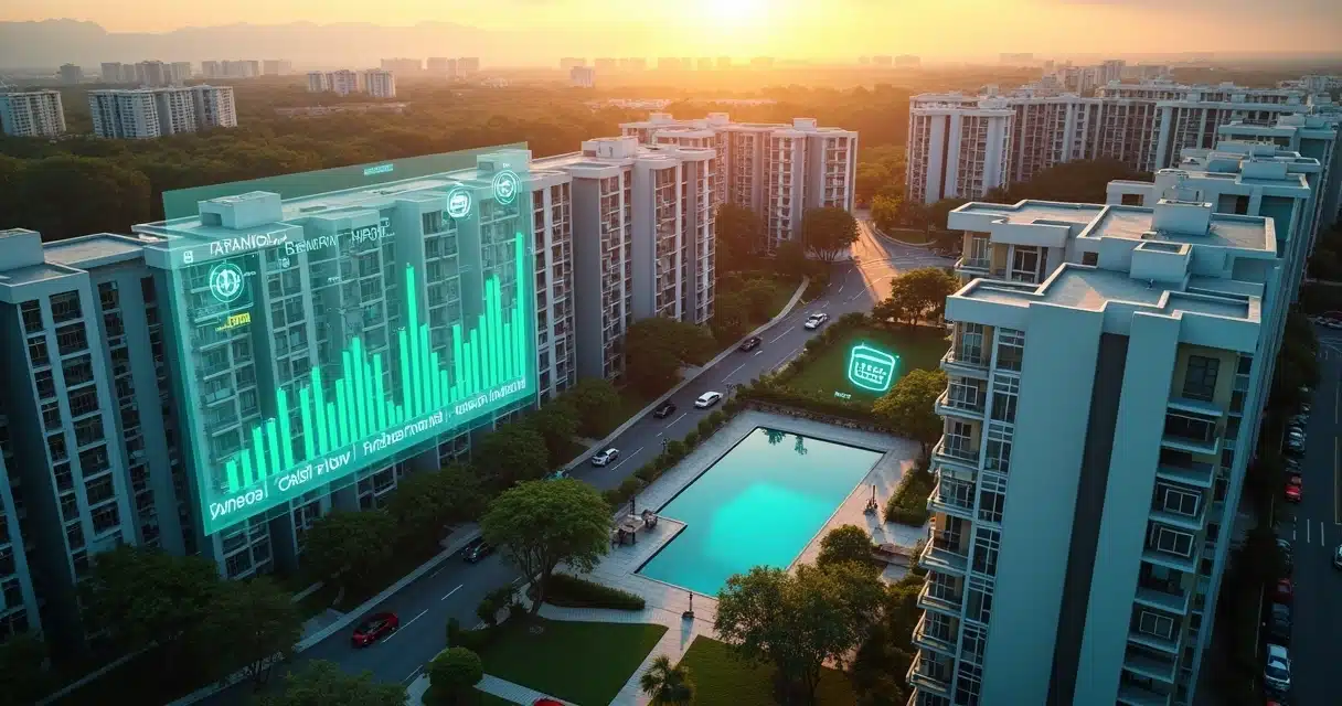 Vista aérea de condomínio residencial com painel digital mostrando fluxo de caixa estável