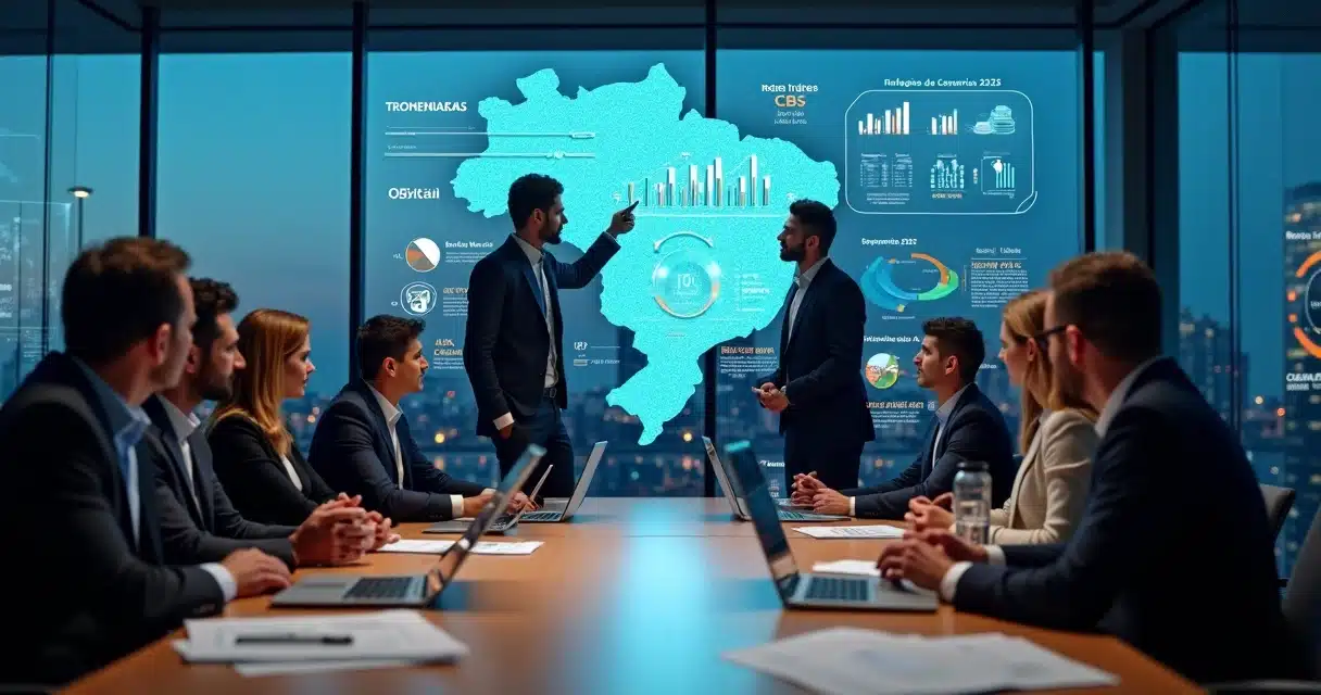 Executivos analisam reforma tributária em escritório moderno com dados digitais