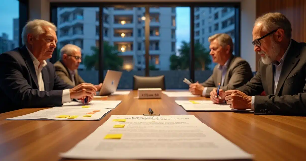 Síndico e conselheiros analisando contrato de garantidora em reunião de condomínio