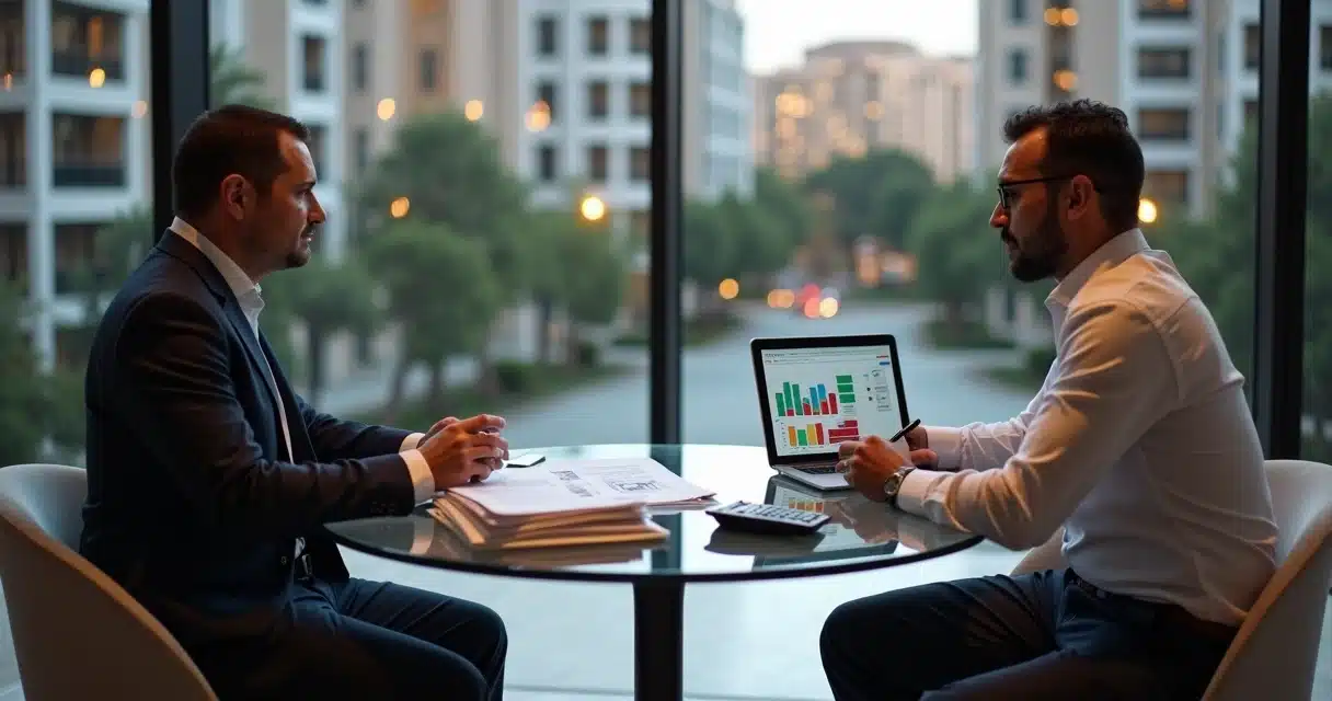 Síndico em reunião com consultora de garantidora avaliando finanças do condomínio