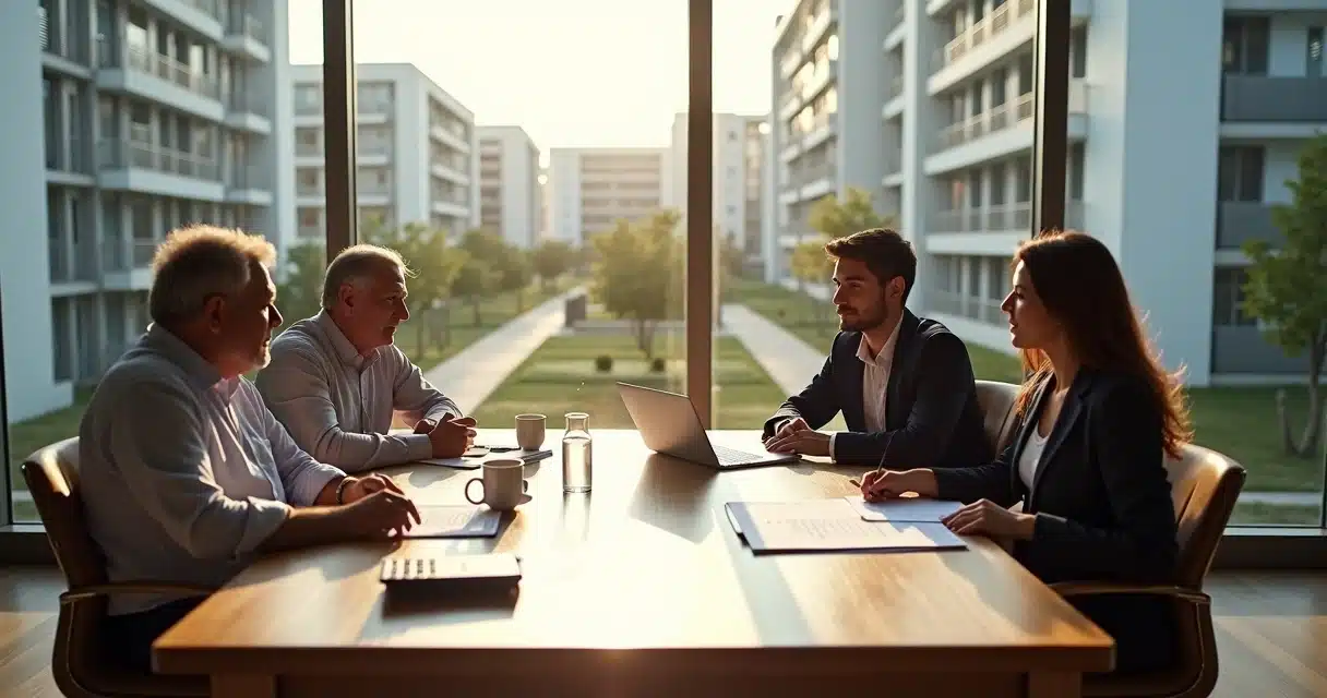 Síndico e conselheiros de condomínio em reunião analisando contrato financeiro