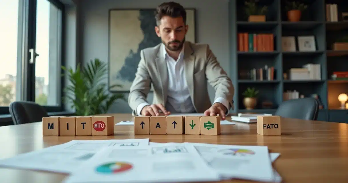 Empresário brasileiro cercado por caixas com mitos e fatos sobre direitos creditórios