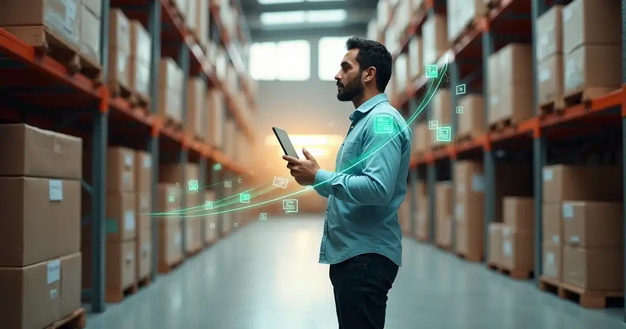 Empresário observa linha de crédito crescendo em projeção holográfica
