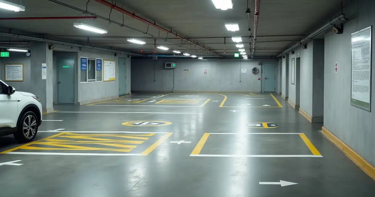 Estacionamento de condomínio com diferentes tipos de vagas de garagem demarcadas
