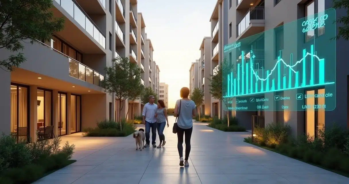 Vista aérea de condomínio moderno com painel financeiro digital transparente mostrando caixa saudável