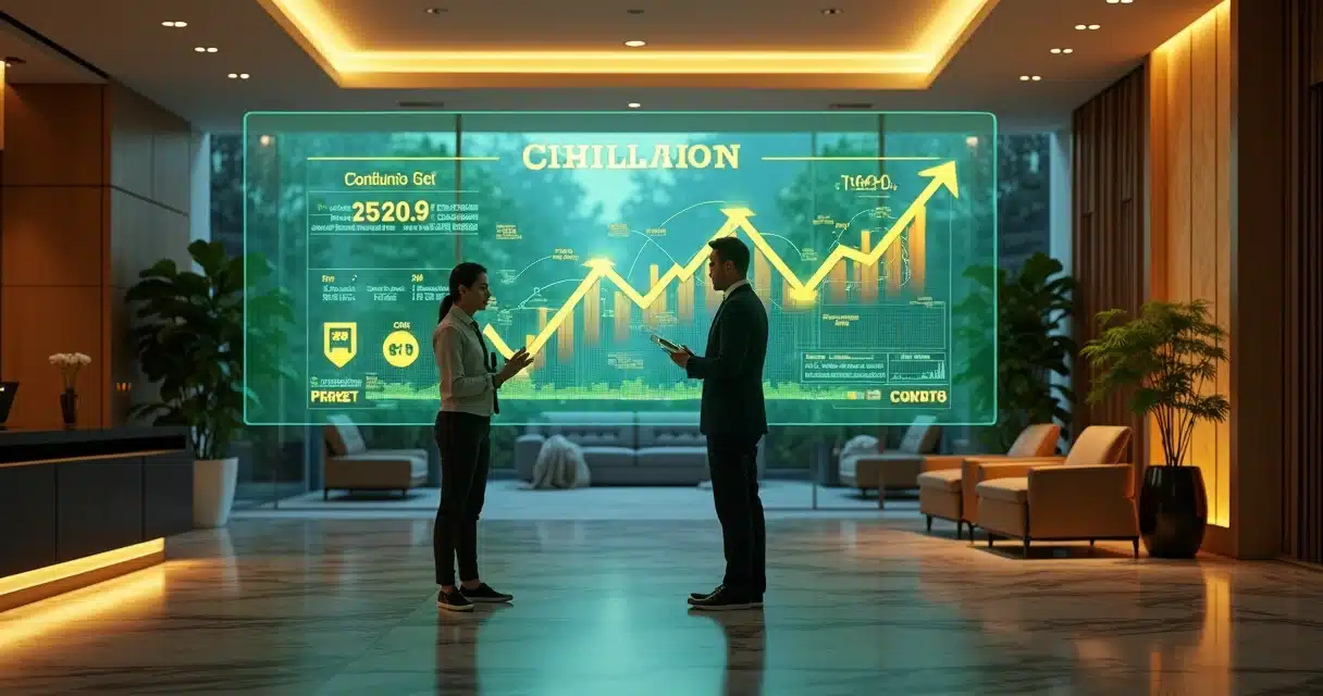 Síndico ajustando painel financeiro digital em hall de condomínio à noite