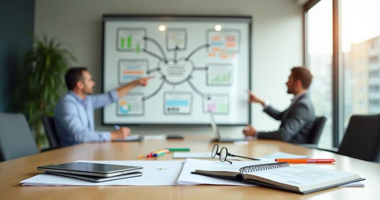 Quadro branco com fluxograma colorido de montagem de FIDC para empresas