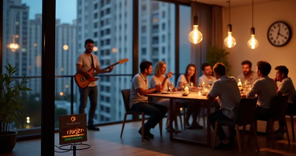 Sala de festas de condomínio à noite com hóspedes em silêncio após música sendo desligada