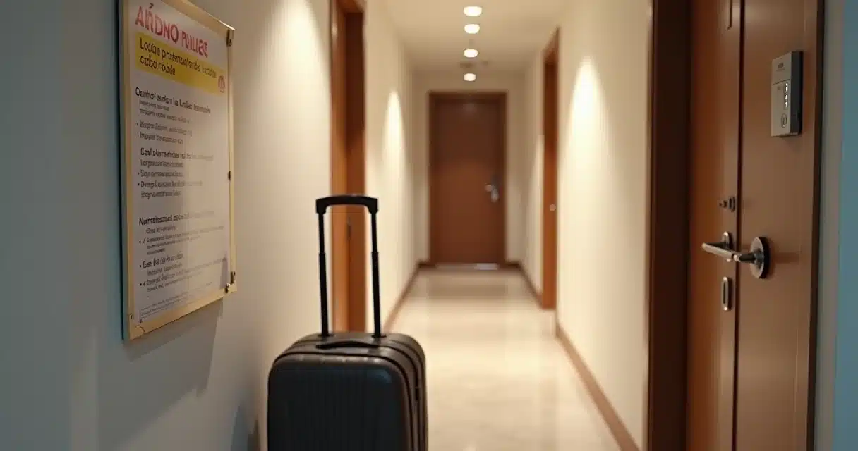 Porta de apartamento de condomínio com mala de viagem e quadro de regras ao lado