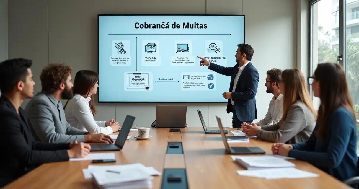 Síndica em reunião apresentando regras de cobrança de multas para moradores em sala de condomínio